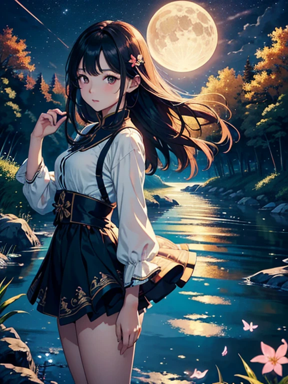 original, (masterpiece), (illustration), (extremely fine and beautiful), (perfect details), (unity CG 8K wallpaper:1.05), (beautiful and clear background:1.25), (depth of field:0.7),1girl,huanxiaoyi , (stands aside the river:1.15).(hair blowing with the wind:1.1),butterflys flying around, (moon light:0.6), tree, (summer), (night:1.2), (close-up:0.35), (gloves:0.8), solo ,