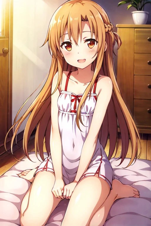 ((Highest quality)), ((masterpiece)), (be familiar with), Perfect Face, indoor, Bedroom, Watching the audience,
One woman, Yuuki Asuna,
Open Mouth, Ecstatic expression, blush, smile,
Small breasts, Flat Chest, , , child, Girl,
Long Hair, Long Hair,
Leg spread,