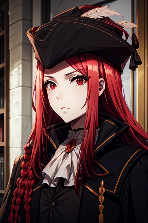 marydef, red hair, red eyes, long hair, looking at viewer, ascot, side braid, hat, black coat, black vest, upper body, portrait, hat feather,