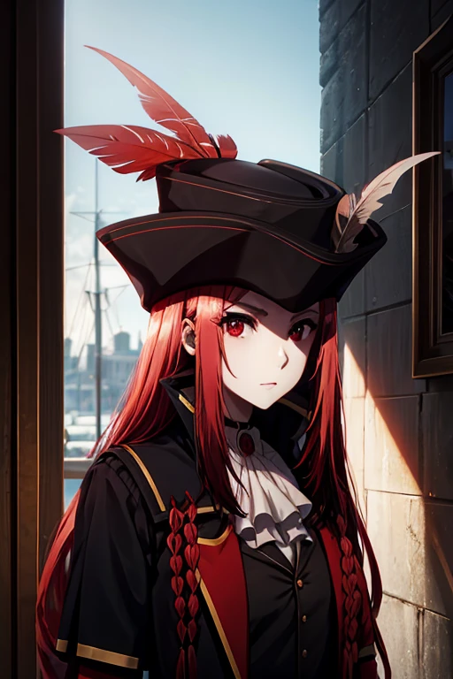 marydef, red hair, red eyes, long hair, looking at viewer, ascot, side braid, hat, black coat, black vest, upper body, portrait, hat feather,