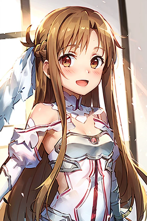 ((Highest quality)), ((masterpiece)), (be familiar with), Perfect Face, indoor, Bedroom, Watching the audience,
One woman, Yuuki Asuna,
Open Mouth, Ecstatic expression, blush, smile,
Small breasts, Flat Chest, , , child, Girl,
Long Hair, Long Hair,
Leg spread,