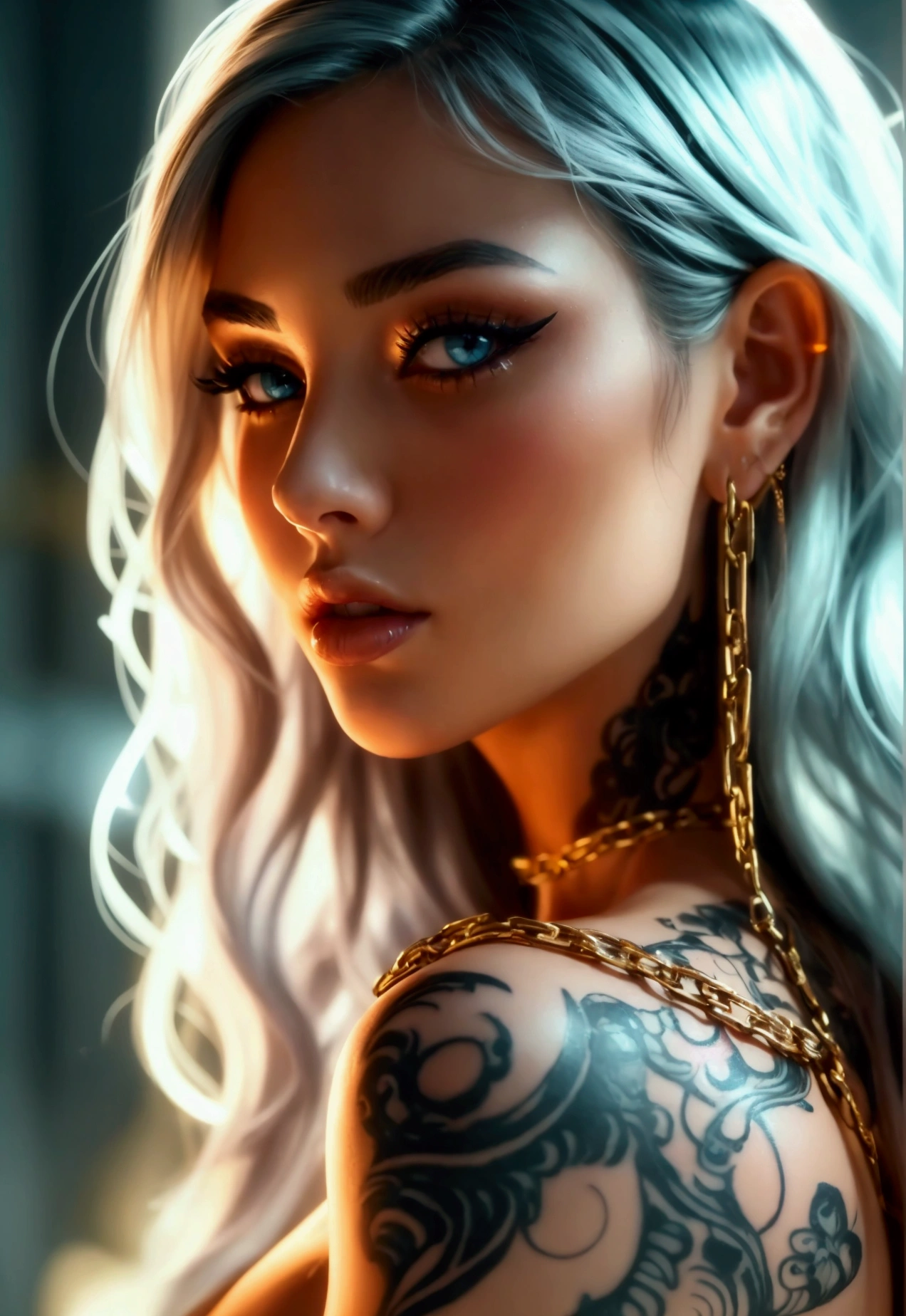 1girl, 1girl futanari, Very young woman with white dreadlocks and dark skin, several tattoos on her body, blowjob, masterpiece, ultra-detailed, photorealistic, professional photography, dramatic lighting, moody atmosphere, warm color tones