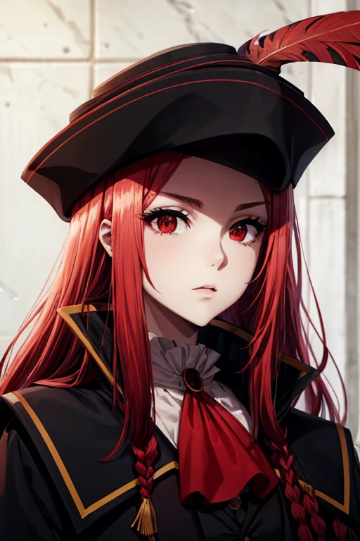 marydef, red hair, red eyes, long hair, looking at viewer, ascot, side braid, hat, black coat, black vest, upper body, portrait, hat feather,