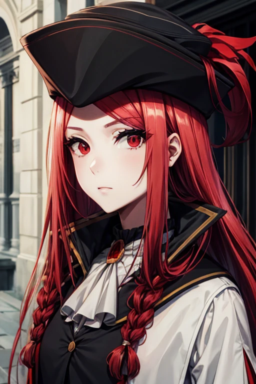 marydef, red hair, red eyes, long hair, looking at viewer, ascot, side braid, hat, black coat, black vest, upper body, portrait, hat feather,