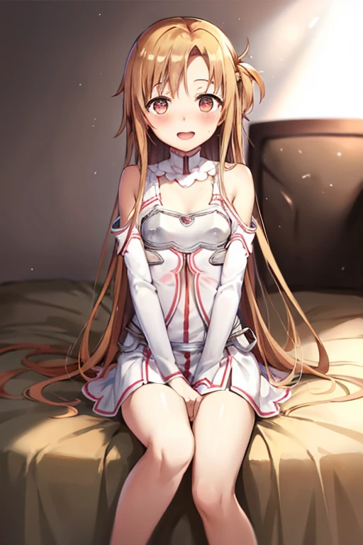 ((Highest quality)), ((masterpiece)), (be familiar with), Perfect Face, indoor, Bedroom, Watching the audience,
One woman, Yuuki Asuna,
Open Mouth, Ecstatic expression, blush, smile,
Small breasts, Flat Chest, , , child, Girl,
Long Hair, Long Hair,
Leg spread,