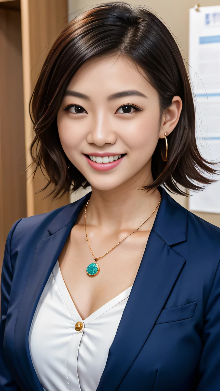 RAW Photos, High resolution, Very detailed, Intricate details, A neat and clean Japanese woman、ear piercing、Black Hair、short hair、Office Lady Suits 、Jacket、shirt、smile、Beautiful teeth alignment、Necklace around the neck、, The background is the office
