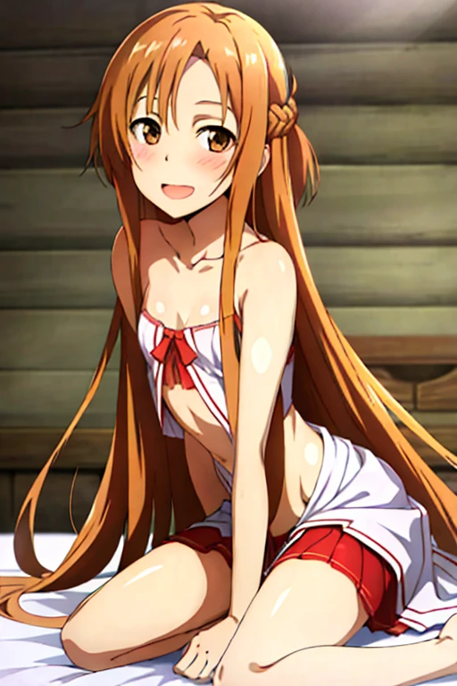 ((Highest quality)), ((masterpiece)), (be familiar with), Perfect Face, indoor, Bedroom, Watching the audience,
One woman, Yuuki Asuna,
Open Mouth, Ecstatic expression, blush, smile,
Small breasts, Flat Chest, , , child, Girl,
Long Hair, Long Hair,
Leg spread,