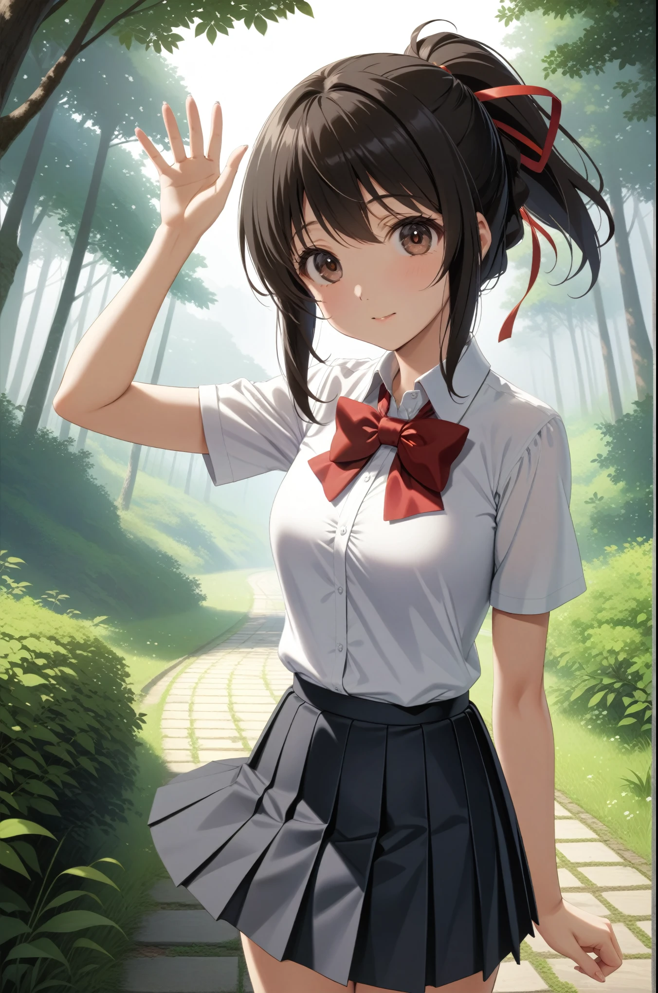 masterpiece, best quality, very aesthetic, ultra detailed, intricate details, 4k, anime style,
mitsuhaai, 1girl, solo,black hair, brown eyes, short hair, ribbon, hair ribbon, red ribbon, 
skirt, shirt, bow, school uniform, white shirt, ponytail, short sleeves, sidelocks, pleated skirt, collared shirt, bowtie, red bow, red bowtie, kimi no na wa., miyamizu mitsuha, 
standing, cowboy shot, waving, waving arms, arms up, looking at viewer, forest, outdoors, tree, sunlight, cloudy, 