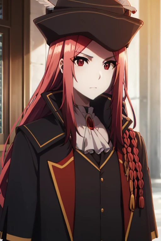 marydef, red hair, red eyes, long hair, looking at viewer, ascot, side braid, hat, black coat, black vest, upper body, portrait, hat feather,