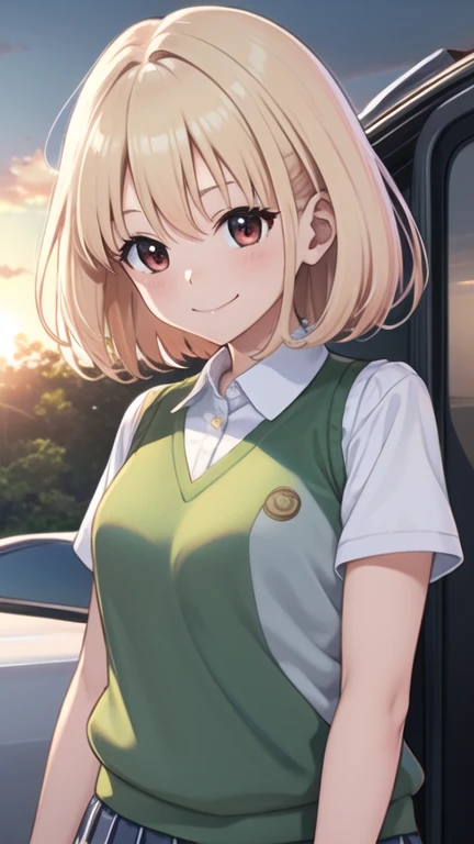 （（super high quality,））（（Ultra-high resolution,））（16K,）（super masterpiece,）（（Ultra HD ,））（Detailed shading,）（（Full Color,））1 high school girl,short wavy orange hair,Close-collared white shirt,Please open the third button,Cream colored sweater vest,Short sleeve,Green Checkered Mini Skirt,White loose socks,smile,Park your car in the morning sun,