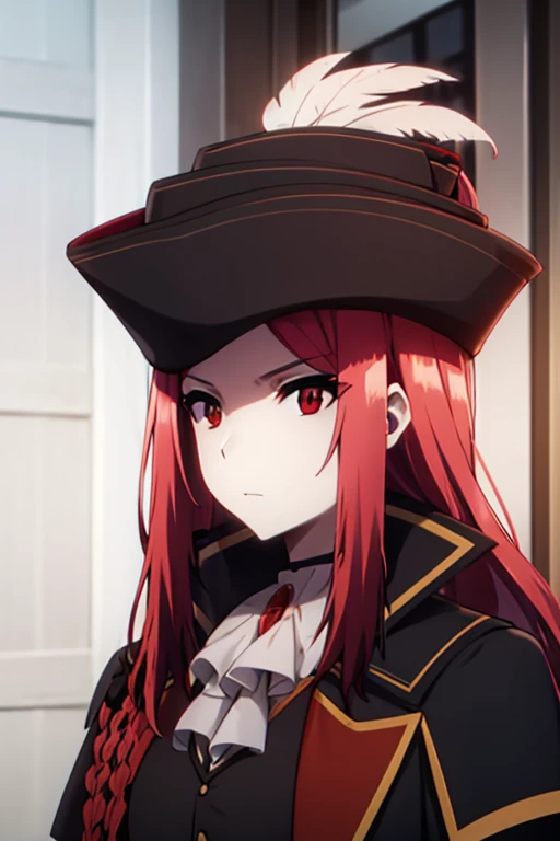 marydef, red hair, red eyes, long hair, looking at viewer, ascot, side braid, hat, black coat, black vest, upper body, portrait, hat feather,