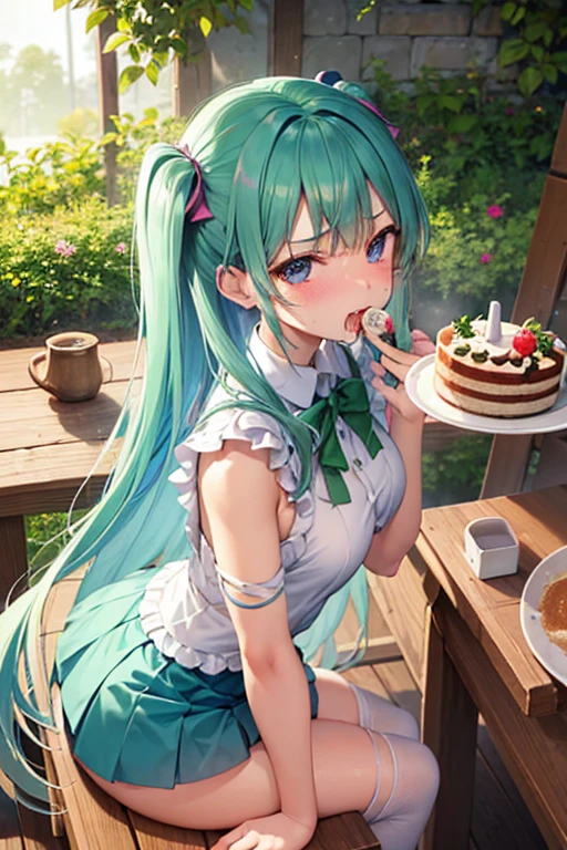 Bulma teen, is located in a forest, small breasts, sitting at a table, eating a cake with semen in her mouth, Cum on face, cum in hair, Hearts come out of him, cum on her body, Cum on face, Lewd face,  happy, feels a lot of lust, She's excited, cum on her butt, has semen all over his body, semen on her back, Whole body, High resolution, tears, The best quality, Ahegao, frown, annoying