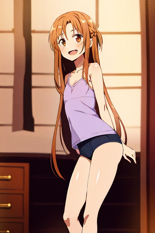 ((Highest quality)), ((masterpiece)), (be familiar with), Perfect Face, indoor, Bedroom, Watching the audience,
One woman, Yuuki Asuna,
Open Mouth, Ecstatic expression, blush, smile,
Small breasts, Flat Chest, , , , Girl,
Long Hair, Long Hair,
Leg spread,