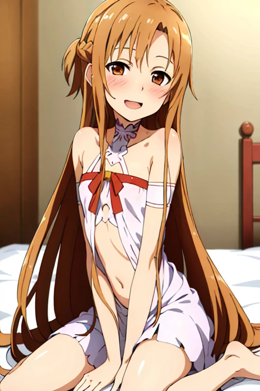 ((Highest quality)), ((masterpiece)), (be familiar with), Perfect Face, indoor, Bedroom, Watching the audience,
One woman, Yuuki Asuna,
Open Mouth, Ecstatic expression, blush, smile,
Small breasts, Flat Chest, , , child, Girl,
Long Hair, Long Hair,
Leg spread,