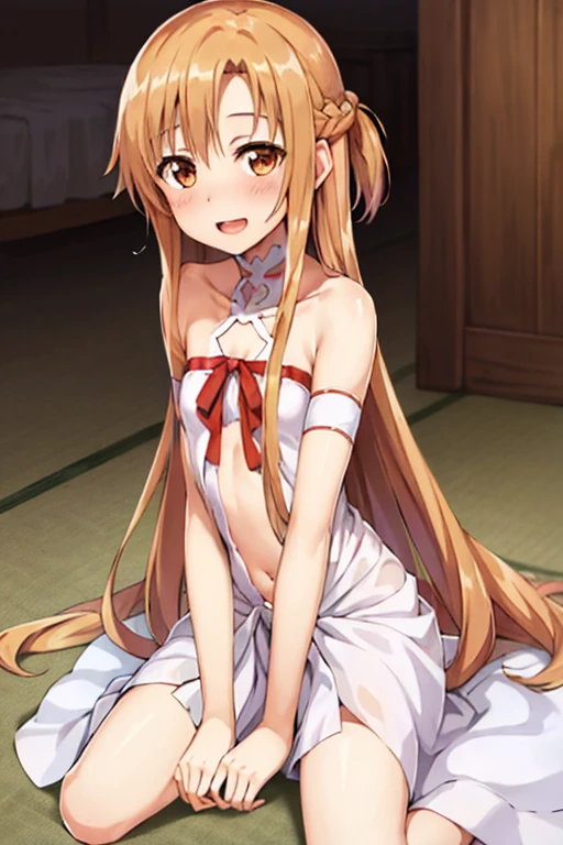 ((Highest quality)), ((masterpiece)), (be familiar with), Perfect Face, indoor, Bedroom, Watching the audience,
One woman, Yuuki Asuna,
Open Mouth, Ecstatic expression, blush, smile,
Small breasts, Flat Chest, , , , Girl,
Long Hair, Long Hair,
Leg spread,