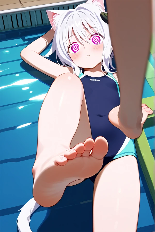 score_9,score_8_up,score_7_up,score_6_up,score_5_up, swim suit, Koneko Toujou from Highscool DxD, Solitary,Looking at the audience,white hair, catgirl, indoors,barefoot,Foot Focus,hypno feet, hypnotic, deep eyes, Koneko Toujou from Highschool DxD suddenly tries to hypnotize viewer with soles of feet, possessive, mind control, brainwash, flat breast, short hair, cute catgirl, suddenly standing and show foot,shanding and show sole,standing on one leg,foot focus,sole,barefoot,no shoes, dry body, dry feet, 3D rendering style, manipulative, controlling, expressive and complacent and arrogant eyes, dynamic, each foot has only 5 toes, top down view, of viewer dominant, one leg stretched up vertically, viewer looks from top, sole of foot in view