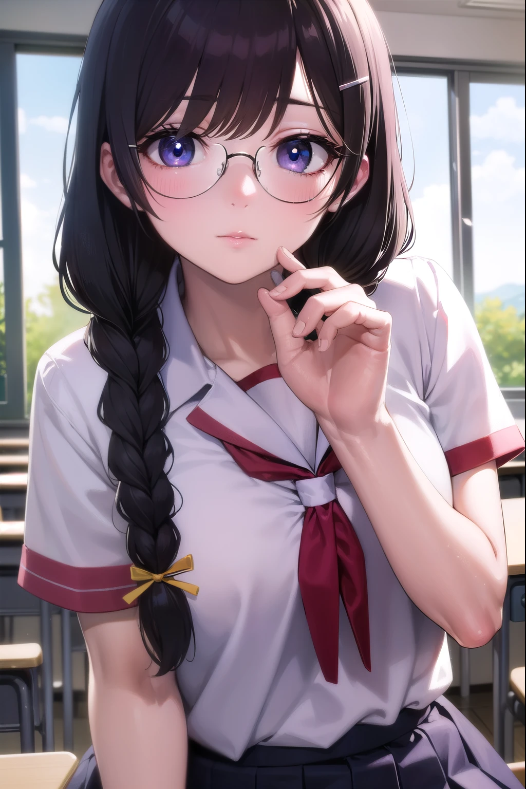 hanekawatsubasa, hanekawa tsubasa, long hair, black hair, hair ornament, (purple eyes:1.1), braid, hairclip, twin braids, naoetsu high school uniform, glasses,
BREAK skirt, school uniform, naoetsu high school uniform,
BREAK indoors, classroom,
BREAK looking at viewer,
BREAK (masterpiece:1.2), best quality, high resolution, unity 8k wallpaper, (illustration:0.8), (beautiful detailed eyes:1.6), extremely detailed face, perfect lighting, extremely detailed CG, (perfect hands, perfect anatomy),