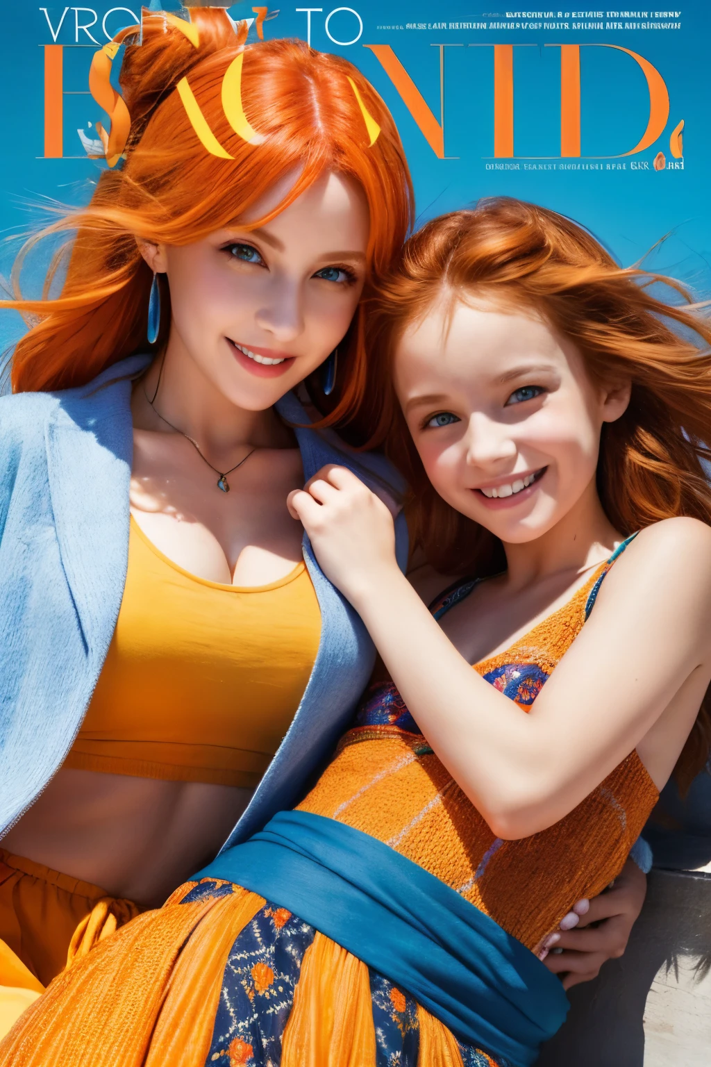 A mother and tween daughter orange hair blue eyes on a magazine cover, vibrant colors, high-resolution, realistic portrayal, fashion-forward, loving bond, trendy attire, captivating smiles, natural beauty, professional lighting, contemporary style, artistic composition