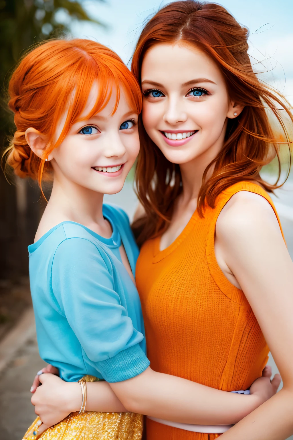 A mother and tween daughter orange hair blue eyes on a magazine cover, vibrant colors, high-resolution, realistic portrayal, fashion-forward, loving bond, trendy attire, captivating smiles, natural beauty, professional lighting, contemporary style, artistic composition