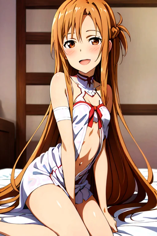 ((Highest quality)), ((masterpiece)), (be familiar with), Perfect Face, indoor, Bedroom, Watching the audience,
One woman, Yuuki Asuna,
Open Mouth, Ecstatic expression, blush, smile,
Small breasts, Flat Chest, , , child, Girl,
Long Hair, Long Hair,
Leg spread,