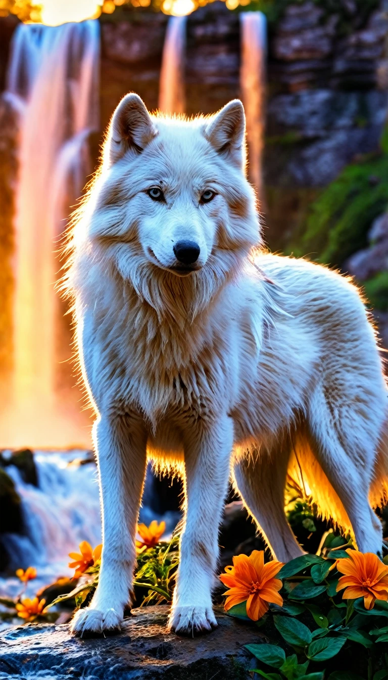 White Wolf, flower, waterfall, sunset, 8k, photo, (best quality, masterpiece), very aesthetic, perfect composition, intricate details, ultra-detailed, vivid colors