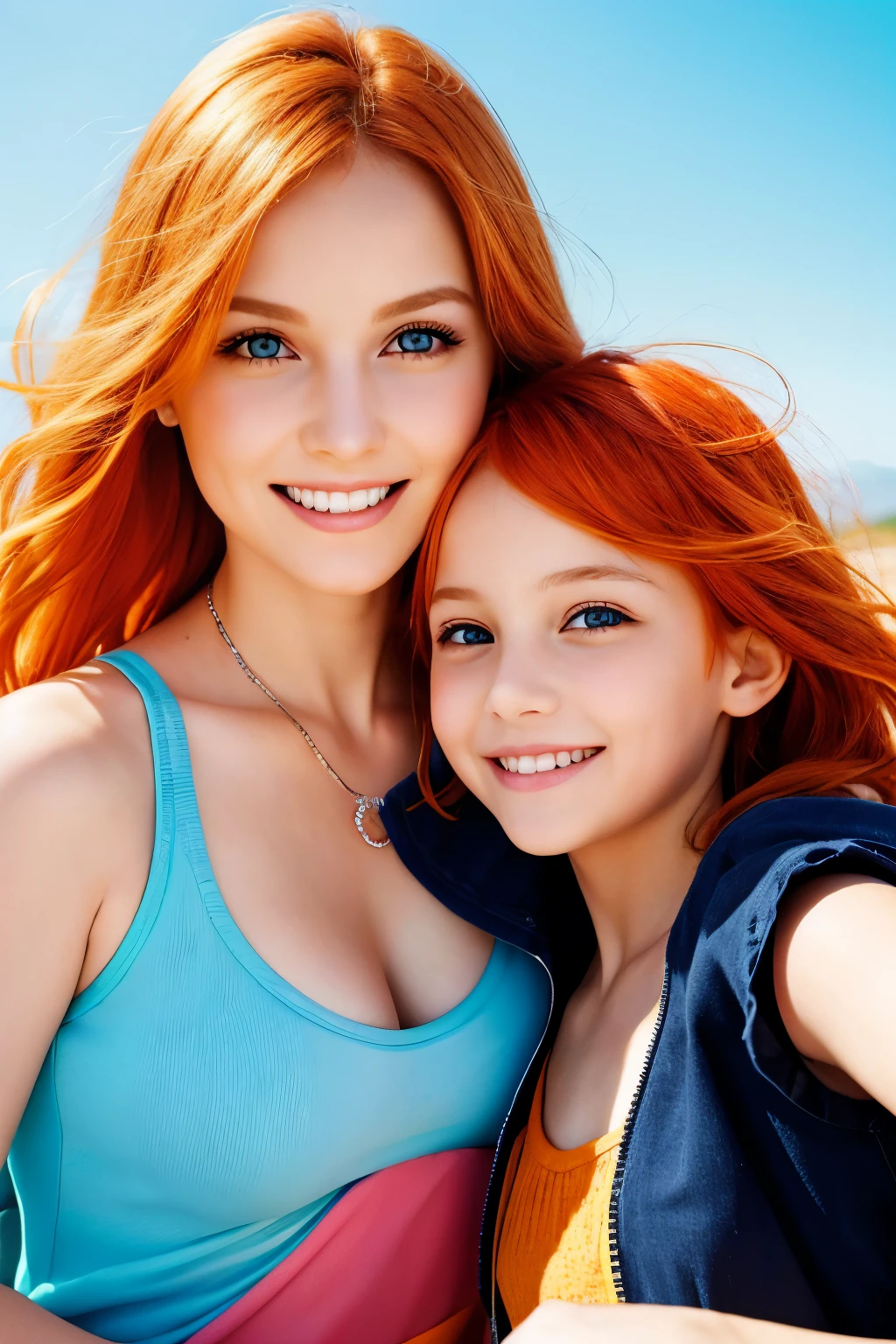 A mother and  daughter orange hair blue eyes on a magazine cover, vibrant colors, high-resolution, realistic portrayal, fashion-forward, loving bond, trendy attire, captivating smiles, natural beauty, professional lighting, contemporary style, artistic composition