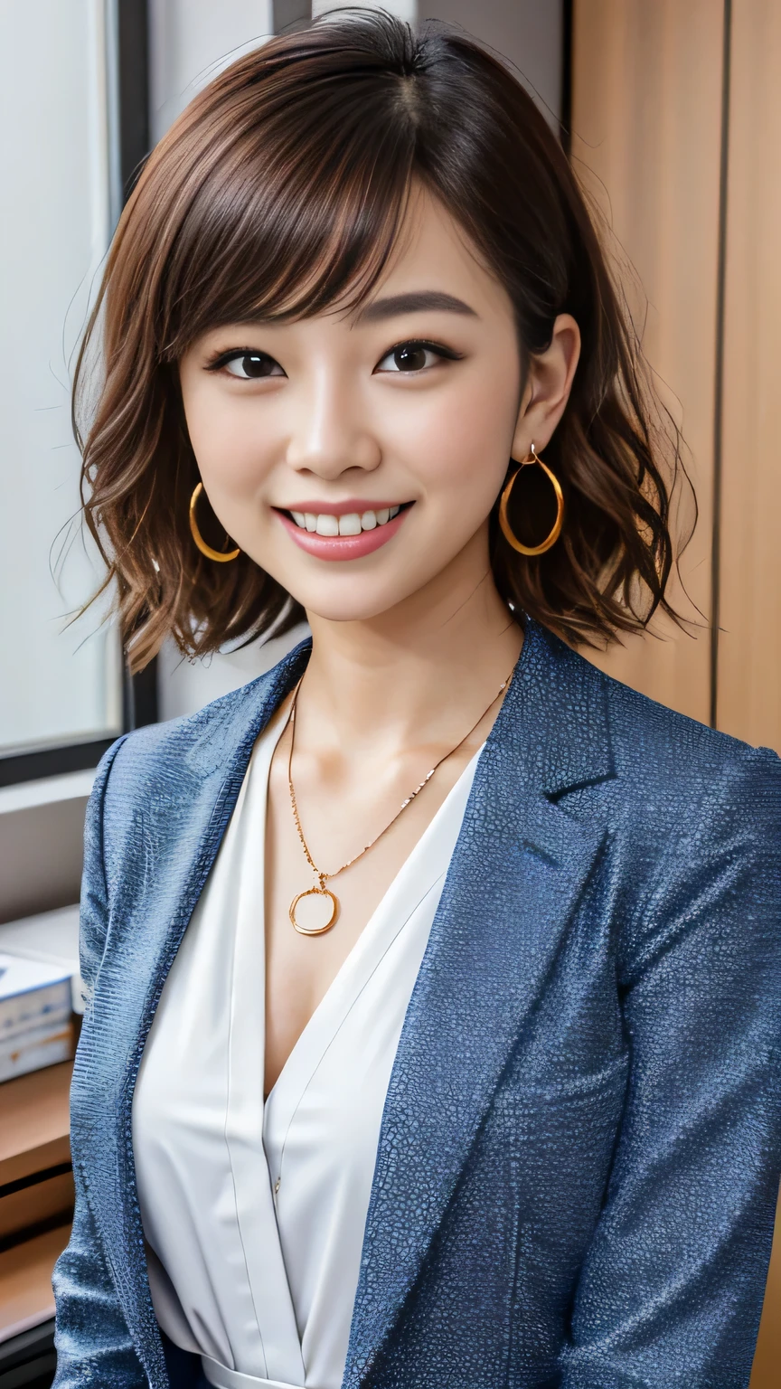 RAW Photos, High resolution, Very detailed, Intricate details, A neat and clean Japanese woman、ear piercing、Light brown hair、short hair、Office Lady Suits 、Jacket、shirt、smile、Beautiful teeth alignment、Necklace around the neck、, The background is the office
