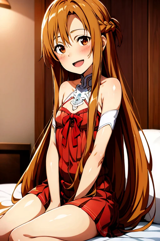 ((Highest quality)), ((masterpiece)), (be familiar with), Perfect Face, indoor, Bedroom, Watching the audience,
One woman, Yuuki Asuna,
Open Mouth, Ecstatic expression, blush, smile,
Small breasts, Flat Chest, , , child, Girl,
Long Hair, Long Hair,
Leg spread,