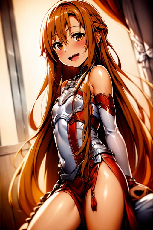 ((Highest quality)), ((masterpiece)), (be familiar with), Perfect Face, indoor, Bedroom, Watching the audience,
One woman, Yuuki Asuna,
Open Mouth, Ecstatic expression, blush, smile,
Small breasts, Flat Chest, , , child, Girl,
Long Hair, Long Hair,
Leg spread,