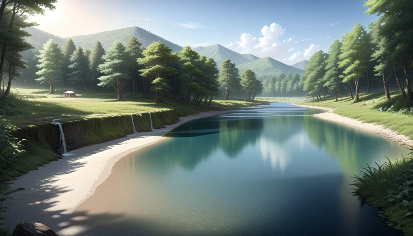 landscape, summer, clear stream, forest, uninhabited, river, blue sky, nobody, mountains in the distance, HD detail, ultra detail, film, hyperrealism, soft light, deep focus bokeh, ray tracing, hyper realism. , Art Station pixiv Gwise, Makoto Shinkai, Art Germ