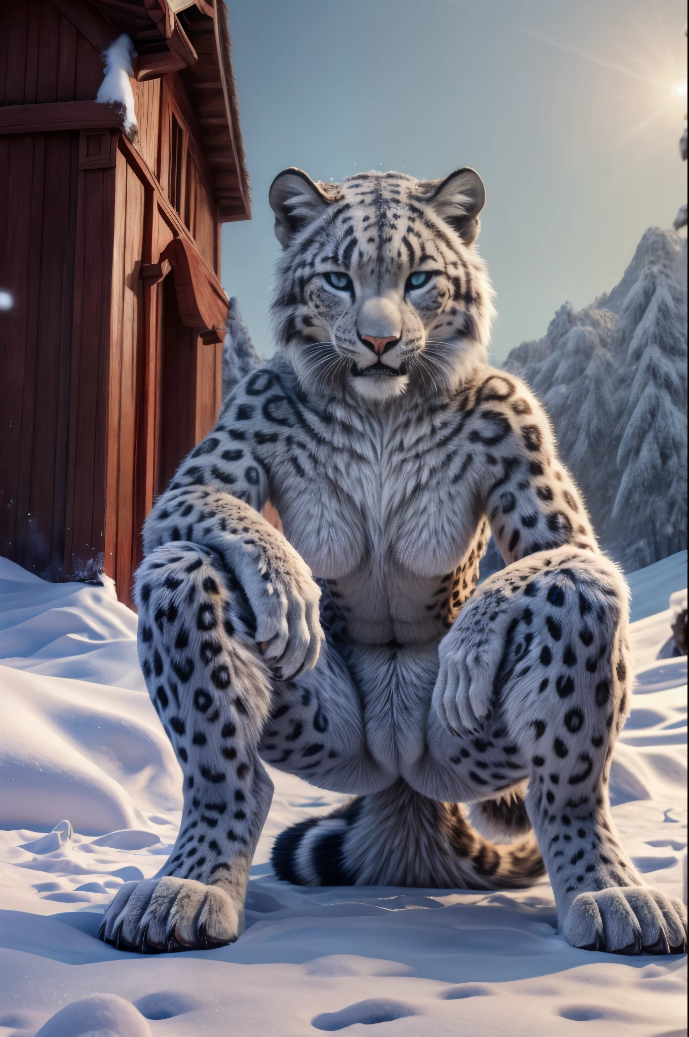 Snow leopard, humanity, furry, woman, very detailed fur, Female crouching in the snow, naked, turned towards the viewer, detailed body, perfect detailed hands, 4 fingers with medium-length claws, 3 toes with claws, show teeth, Hands on your knees, Soles and pads, without clothes, highest quality, photorealestic, High resolution, Visually breathtaking (detailed lighting), Natur, starsky, natta