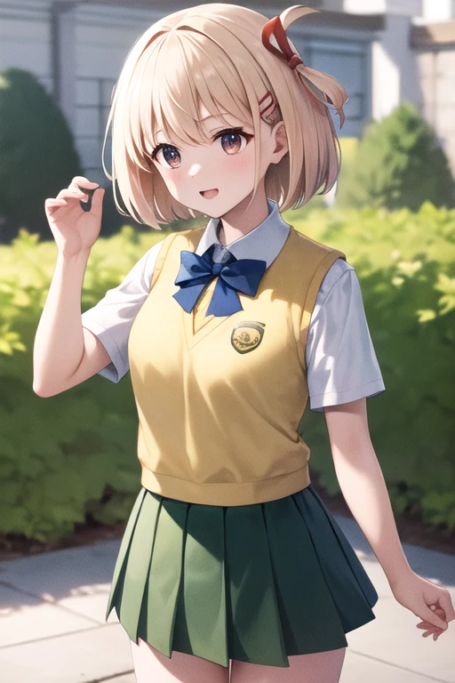 masterpiece, Highest quality, High resolution, Aharuna, short hair, Hair Clip, amount, school uniform, Green bow tie, White shirt, Sweater vest, Yellow vest, Short sleeves, Checkered Skirt, Green Skirt, Pleated skirt, Standing, Cowboy Shot, Outdoor,