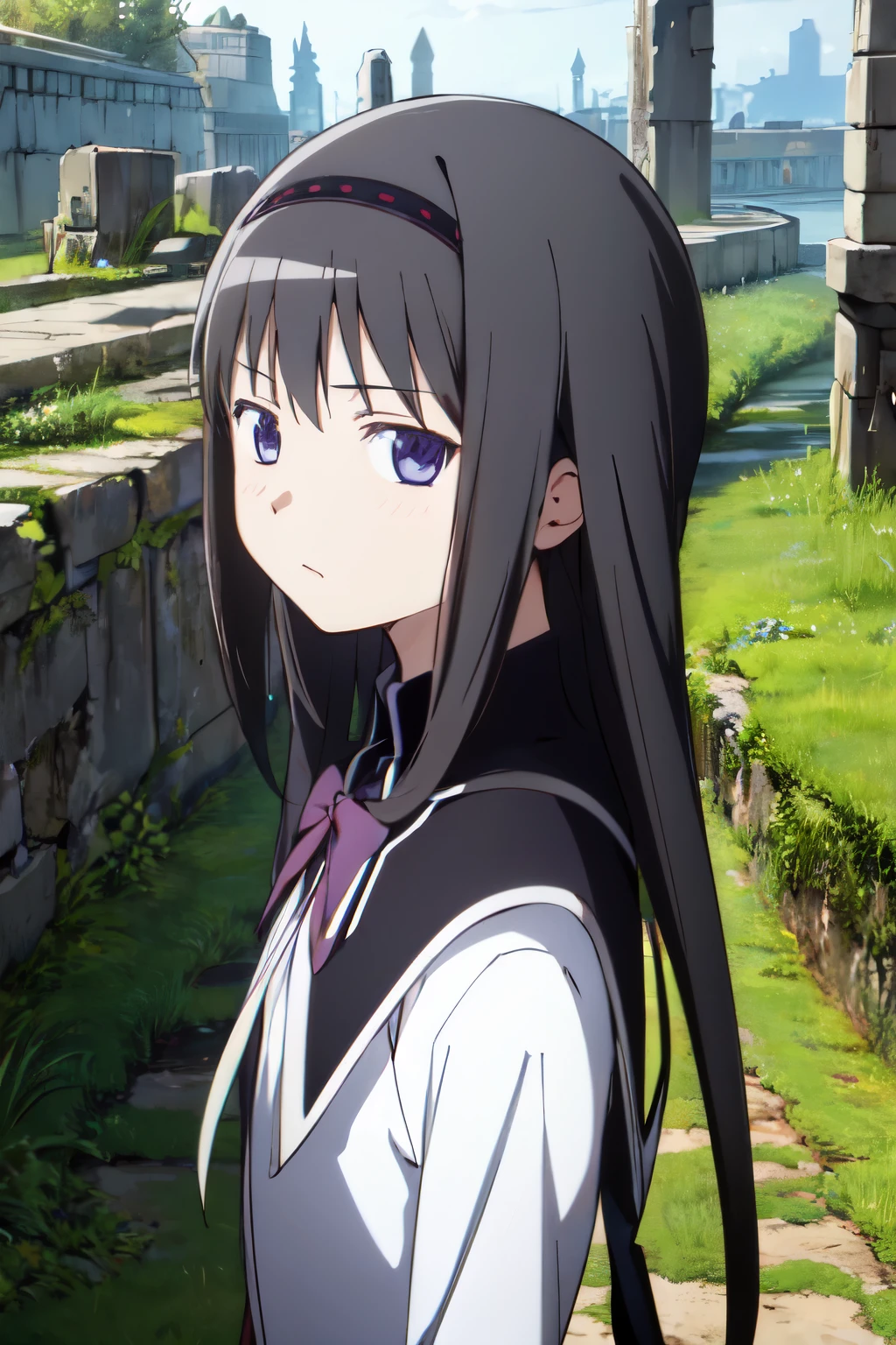 (masterpiece), best quality, (((ultra detailed, 8k quality))), expressive eyes, perfect face, perfect anatomy, perfect body, scene, solo, 1girl, looking at viewer, sketch, flat colors, 2D, anime, anime coloring,  homura akemi, magical girl, wariza, grass, ruins,