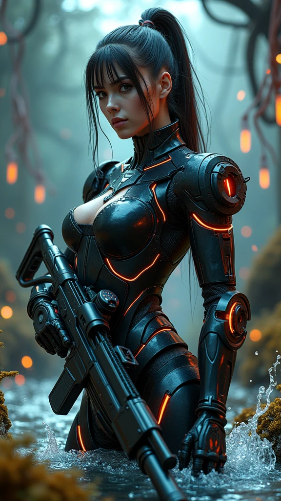 a cute woman, jet boots, jet pack, space adventurer bikini, laser pistol, future hairdo, exploring alien world, mushrooms, tiny goblin-like creatures, detailed face, realistic, cinematic lighting, vibrant colors, high resolution, 8k, photorealistic, detailed environment, award winning concept art, hyper detailed, studio quality