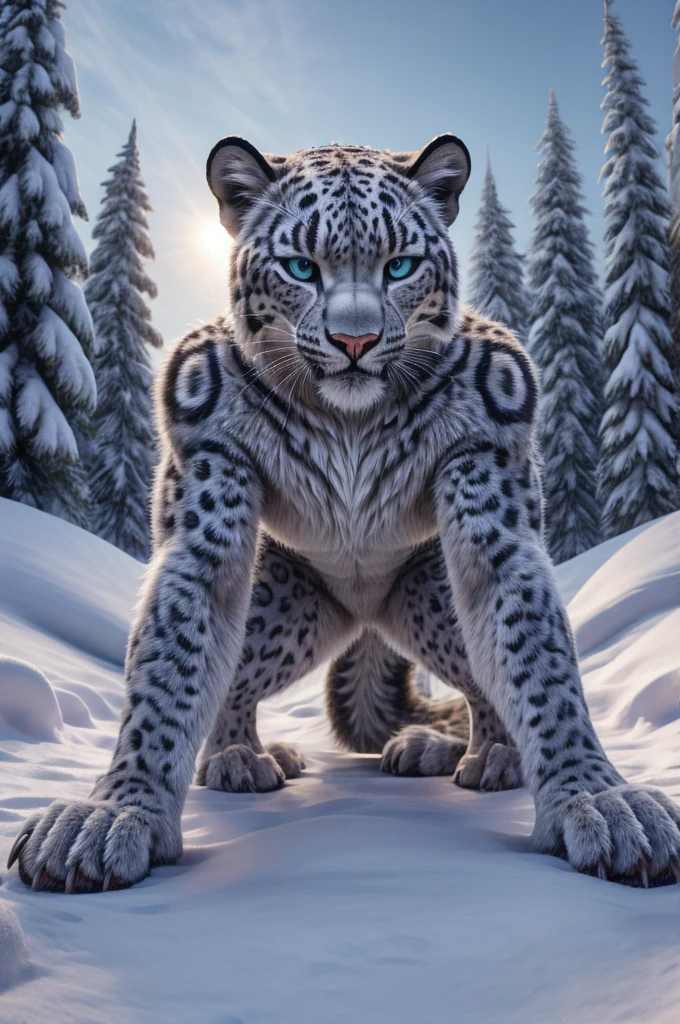 Snow leopard, humanity, furry, woman, very detailed fur, Female crawling in the snow, naked, detailed body, perfect detailed hands, 4 fingers with medium-length claws, 3 toes with claws, baring teeth, Hands on your knees, Soles and pads, without clothes, highest quality, photorealestic, High resolution, Visually breathtaking (detailed lighting), Natur, starsky, natta