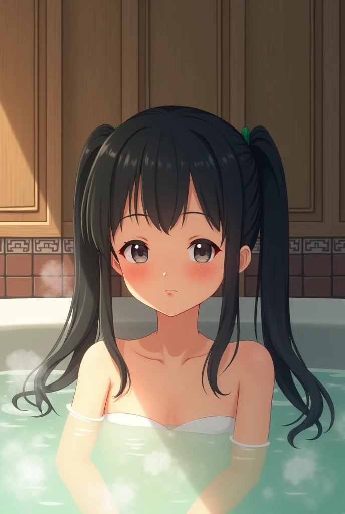 Francesca Lucchini、Detailed Description、high resolution、One Girl、Tan Skin、Small face、Thin legs、Small waist、Black Hair、long hair、Twin tails、(blush)、Troubled face、Completely naked、Nipples are visible、Large hot spring、On all fours、Looking up