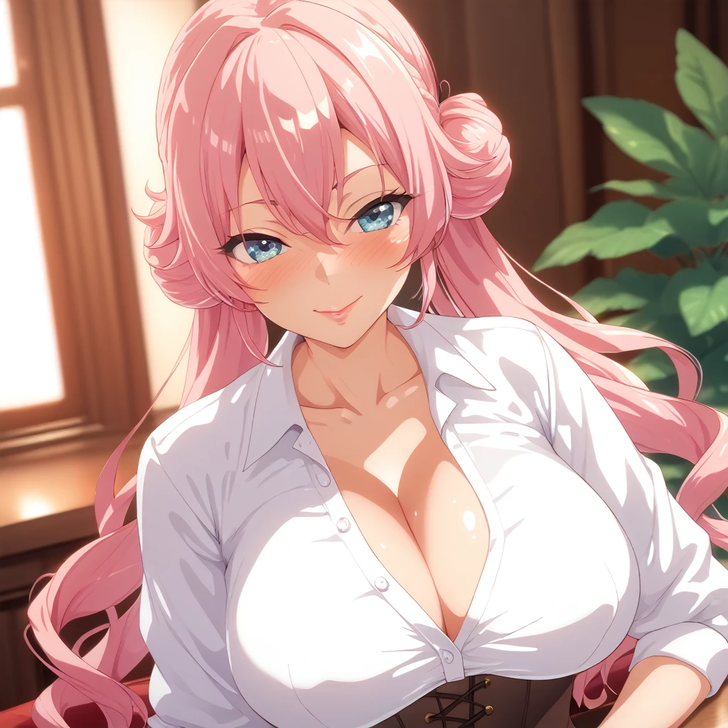 (Top quality:1.24, Very detailed, Delicate and beautiful CG art., Detailed illustrations, attention to detail, Masterpiece:1.2, Top quality, Best aesthetic formations), (((1 person))), (Tomoe Mama, white shirt with big tits, The bottom three buttons of the shirt are open showing cleavage., corset, embarrassing expression, Big breasts, sunken eyes:1.4, Twin digging), Long wavy shiny pink hair with purple highlights in a ponytail, Beautiful skin, Detailed face and eyes, cute cheeks with dimples, Shiny lips, الضوء والظل مع attention to detail, Blur background.