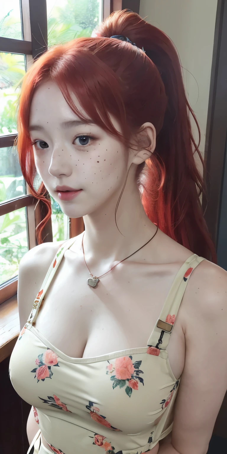 (masterpiece, best quality), 1girl, collarbone, wavy hair, looking at viewer, blurry, upper body, necklace, suspenders, floral print, ponytail, freckles, red hair, sunlight,