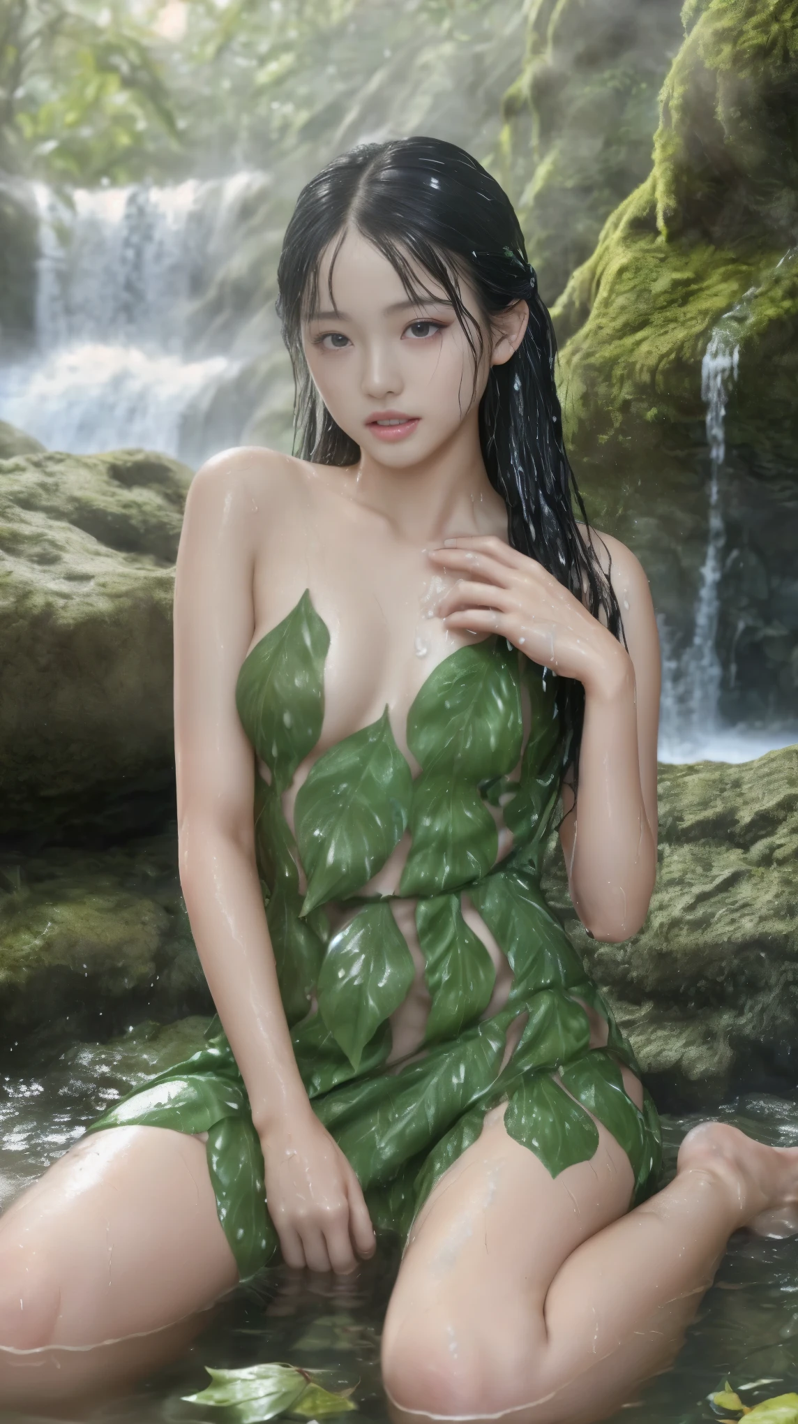 最high quality、high quality、Best image quality、8k、最High resolution、High resolution、最high quality、masterpiece、RAW Photos、Full body photo、Detailed and realistic human body、Detailed and realistic skin、Detailed and realistic faces、Realistic details、Realistic lips with attention to detail、Detailed and realistic teeth、Detailed and realistic ears、Detailed and realistic hair、Realistic details、Detailed and realistic fingers、(Beautiful Hands、thumb１reference４)、Realistic feet with detailed reproduction、Realistic feet with detailed reproduction、The chest area is also reproduced in detail.、Detailed reproduction of areola、Nipples are also reproduced in detail、Realistic pussy down to the last detail、Realistic vagina down to the last detail、Detailed and realistic clitoris、Realistic anus down to the last detail、Realistic female genitalia down to the last detail、((Japanese Model))、((Elementary school girl))、((Junior.Idol))、((Teen))、((Young Face))、((Black Hair))、((Random Hairstyles))、((Small breasts、Flat Chest))、((Immature body type))、(Glowing skin all over the body、Fair skin)、Soft natural light、Jungle with waterfall、Waterfalls of different heights、Big waterfall、Powerful waterfall、((Sitting on a rock(Legs wide open))、((背景にBig waterfallが見える))、((Make a dress out of real leaves(A dress made of many overlapping leaves))、((Wearing a dress made of real leaves))、((Bathing in a waterfall(Wet skin from head to toe))、((Water dripping from the skin))、((Real leaves get wet and stick to your skin...))、((Water dripping from a realistic leaf dress))、Sexy pose