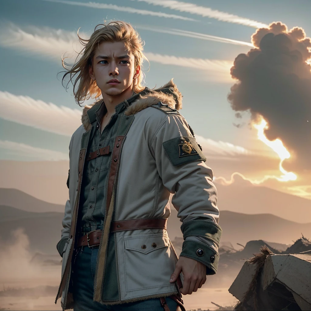 A defiant young boy with wild, unkempt blonde hair and piercing blue eyes, standing confidently with a posture that radiates arrogance and anger. He wears a military-style jacket that's slightly oversized, layered with tattered, rugged clothing underneath, symbolizing his survivalist nature. His hands are clenched into fists, and his expression is filled with rebellious intensity. Behind him is a barren desert battlefield with ruined tanks and smoke rising in the distance. The background features a somber, post-apocalyptic sky, with an atmosphere of rebellion and turmoil