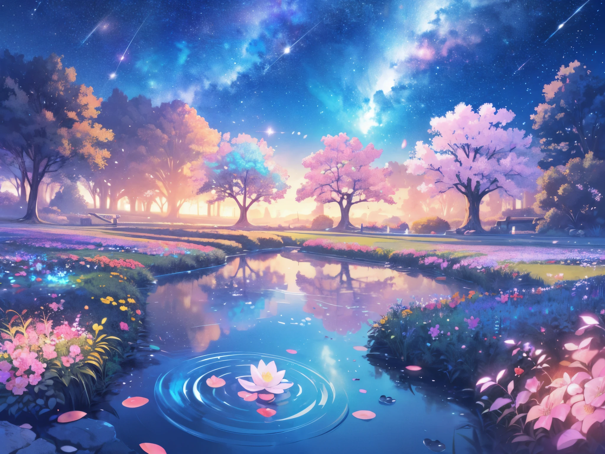 A mystical grove, with luminous flowers, crystal clear water, beautiful weeping sakura trees, (((unique view with extremely vivid multicolors without any people))), {extremely detailed 16k CG unity wallpaper}, expansive natural landscape photography, (wide open field view), (low angle shot),complex details, (iridescent colors: 1.6), (atmospheric), Dreamy, unique, no humans, reflections perfect,(no humans),landscape only, pixiv_fantasia,starry pond,pond reflecting starry sky