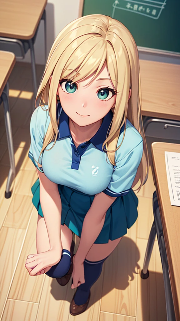 ((masterpiece, Highest quality, High resolution, 超High resolution, Pixel perfect, Depth of written boundary, 4K, RTTX 10.0, High resolution))), ((One person, single, alone,))Beautiful Anime, Beautiful art style, Anime characters, ((Long Hair, Parted bangs, Blonde)、straight hair), (Green Eyes:1.4, Round eyes, Beautiful eyelashes, Realistic eyes), (Detailed face, ), (Smooth texture:0.75, Realistic texture:0.65, Realistic:1.2, Anime CG style), ( from front、top of head,full body),  (( “learning forword””looking up” “from above”))Perfect body, Big Breasts, ((Polo shirt、Short sleeve、Navy Blue Skirt、knee-high socks knee socks、)), smile, Open your mouth, classroom