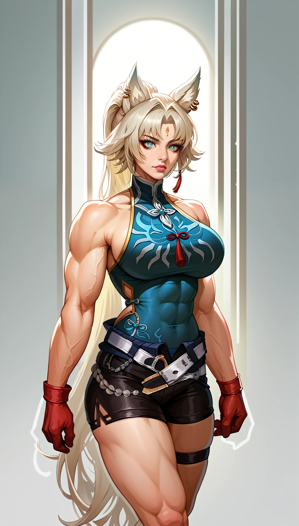 a beautiful anime girl, detailed face, blonde hair, blueSolo,1woman,view from front,  SH_HSR_Feixiao,25 yo extremely muscular woman, flawless perfectly trained body, zero body fat, mighty and hypermuscular professional female bodybuilder, dominant woman, great muscle definition,  FeiDefault, animal ears, long hair, ponytail, multicolored hair, white hair, red eyeliner, ringed eyes, forehead mark, ear piercing, tassel hair ornament, tassel earring, sleeveless shirt, print shirt, brooch, blue shirt, chinese clothes, high collar, bare arms, red gloves, fingerless gloves, white belt, waist cape, black shorts, thigh strap, knee boots eyes, long flowing hair, white background, realistic full body portrait, extremely detailed, high quality, cinematic lighting, photorealistic, hyper detailed, detailed facial features, detailed eyes, oversize t-shirt,shorts, detailed lips, detailed nose, long eyelashes, flawless skin, large breasts, delicate features, elegant pose, dramatic lighting, vibrant colors, intricate details, masterpiece, (best quality,4k,8k,highres,masterpiece:1.2),ultra-detailed,(realistic,photorealistic,photo-realistic:1.37)