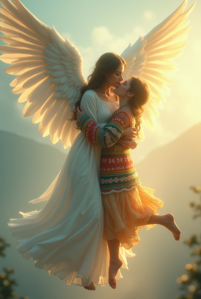 Angel hugging a person wearing a Venezuelan sweater floating above the ground 