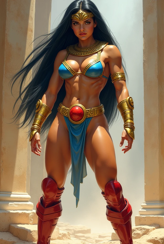 full body view, character concept, beautiful (((muscular))) persian woman. long dark hair, medieval setting, stong and beautiful warrior woman with a sword