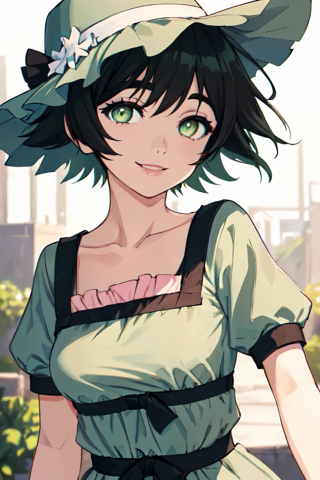 mayuri shiina, (black hair:1.5), (green eyes:1.5), messy hair, short hair, hat, blue hat,
(best quality, masterpiece, RAW photo,ultra-detailed:1.2), 1girl,solo,looking at viewer,smile,
