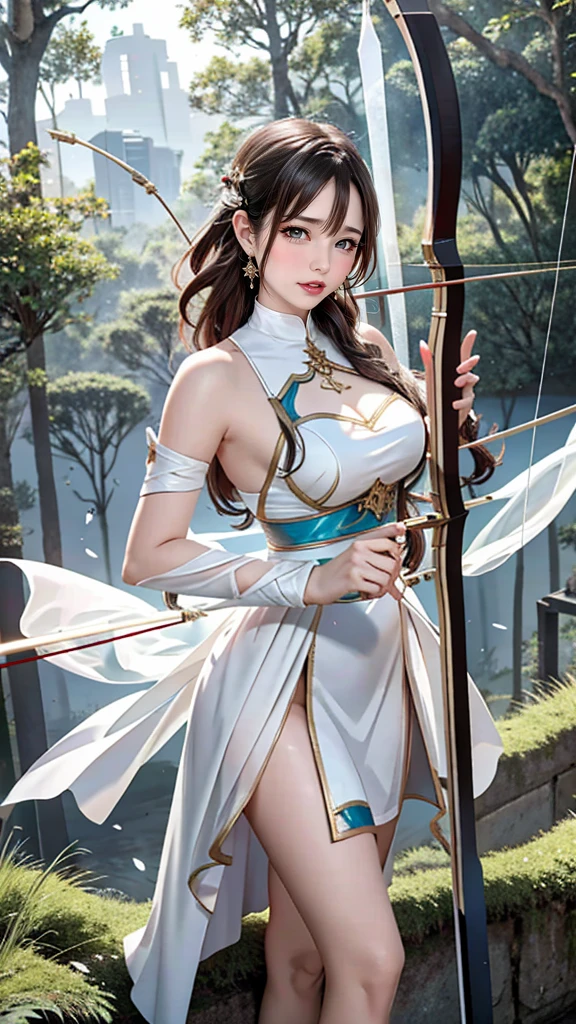 best quality, super fine, 16k, 2.5D, delicate and dynamic depiction, beautiful game character archer shoots with sacred bow and arrow, transparent and translucent and iridescent barrier creating crack, game production effects, the mysterious background of forest and city coexistence, fantasy world, prime lenses, lens filters, clear subject