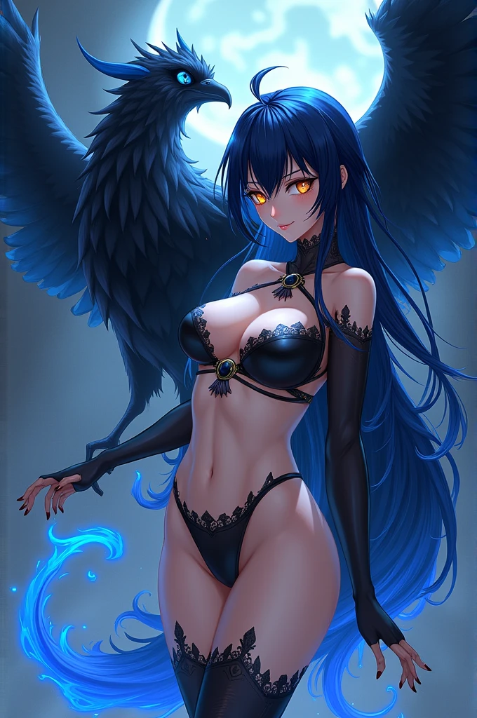 A girl with completely strong blue wings,a hybrid between human and angel,long black hair,shy,with a good body,naked,in an erotic position. blue eyes.