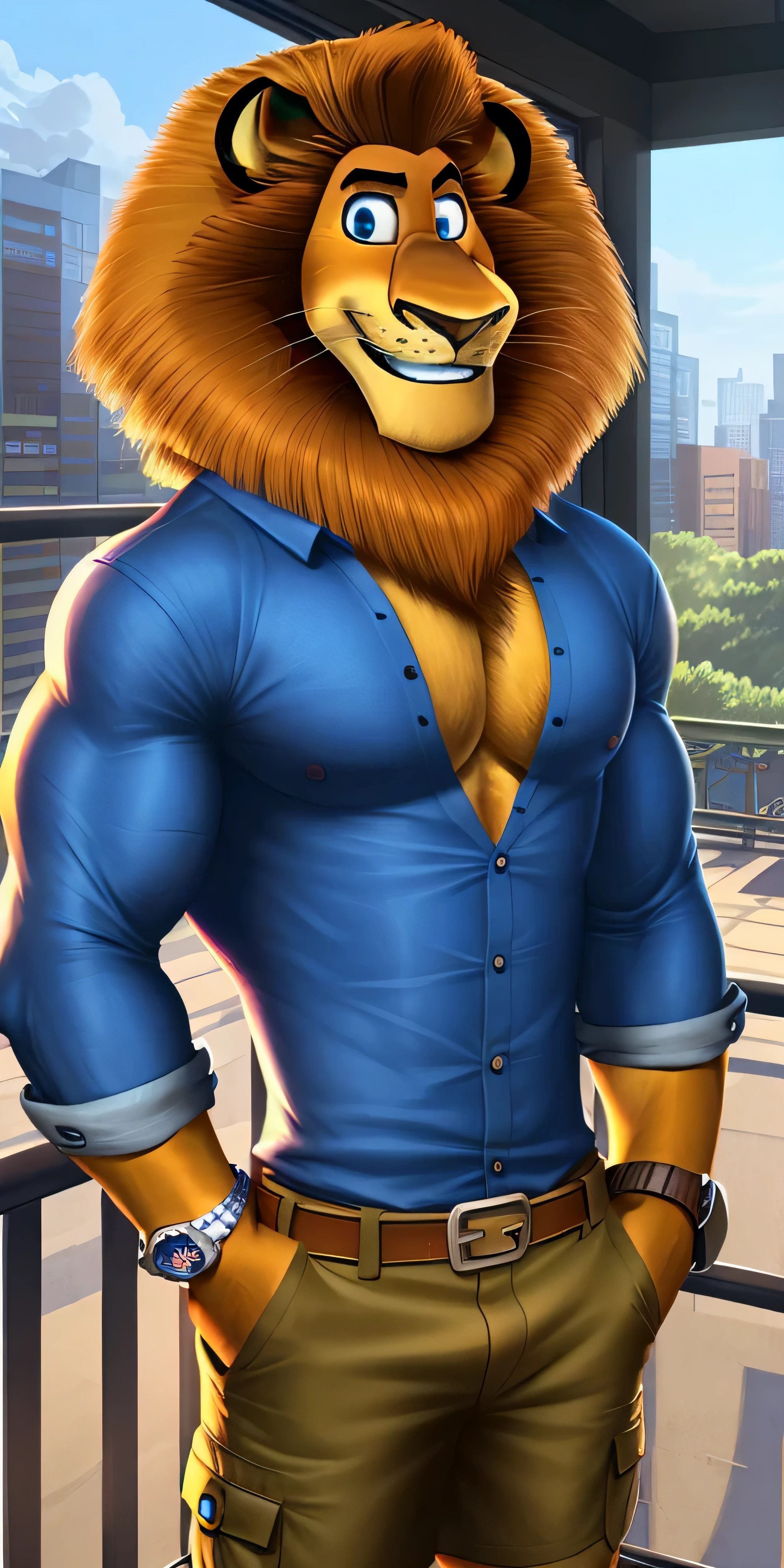 Alex the Lion, solo, muscular body, big biceps, extremely beautiful and cute face, perfectly detailed blue eyes with perfectly detailed pupils, blue shirt with long sleeves, cargo shorts with brown belt, fancy watch on his right wrist, hands in pockets, balcony background, selfie, gentle look, cute smiling, hot