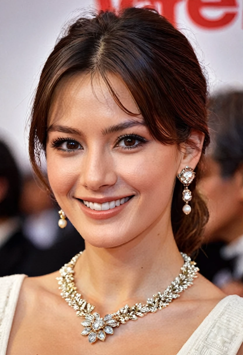 A Italian Actress, Cinema of Japanese Title "Railway worker"　 Her name is Sylva Koscina, extra Close up , Standing pose, Carpet on carpet, Italian girl ,23-age,  (dark brown hair , brown eye, Permanent hair, earring, neckless,  little smile ),(C cup breast , wide hip) , a chic design White  evening long Dress, , long red lace Glove, Red Hi-heal, many Mass media, camera-man, ceremony of Cinema,  (super detail, high details, high quality, accurate, anatomically correct, textured skin, beautiful fingers super detail, high details, high quality, best quality)